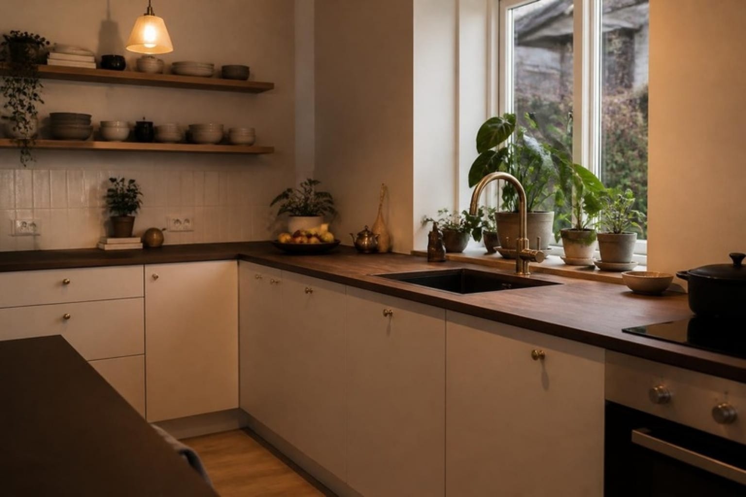 Færdigt køkken med lyse fronter, åbne hylder og bordplade i mørk eg