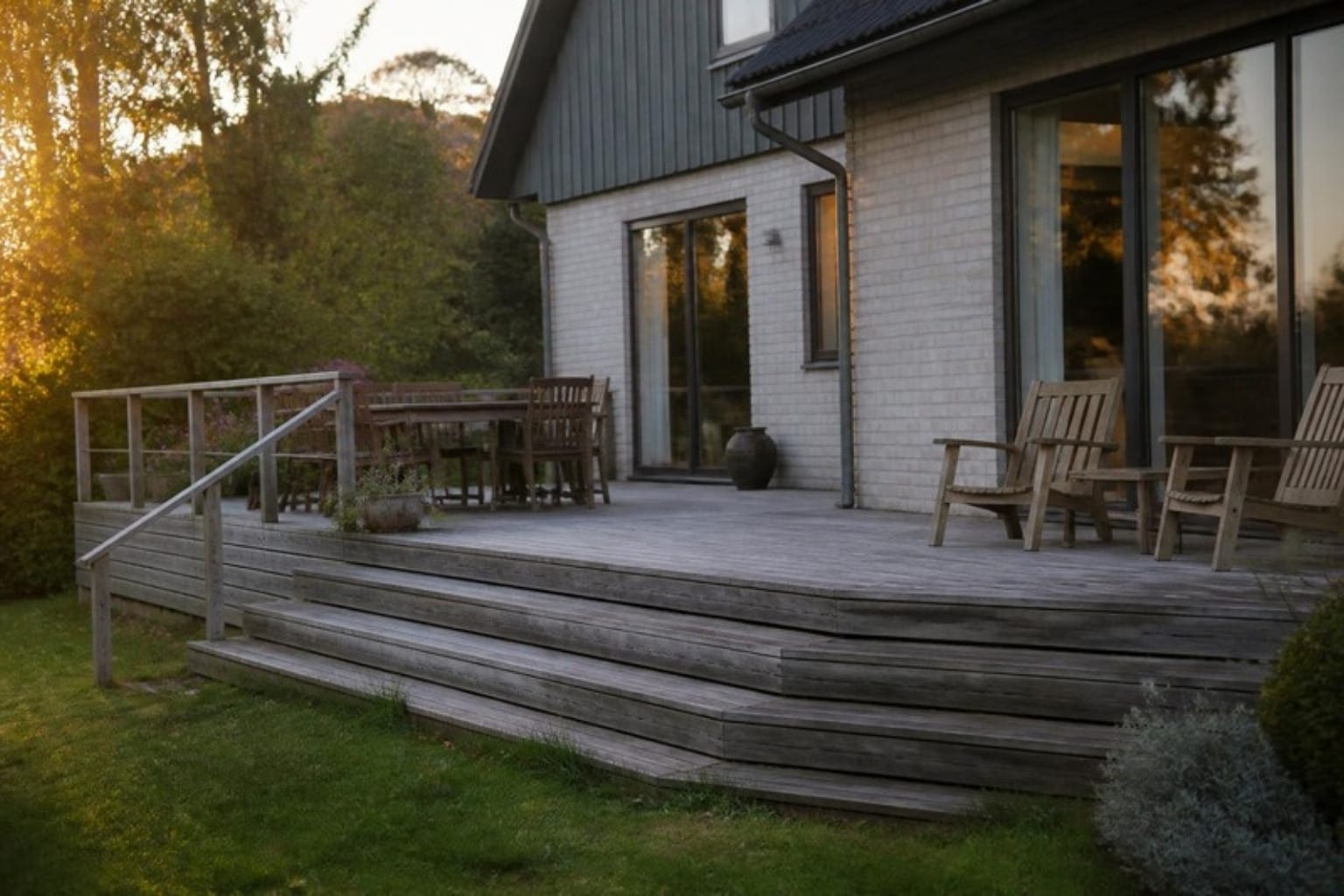Hævet træterrasse med trappe ned til haven