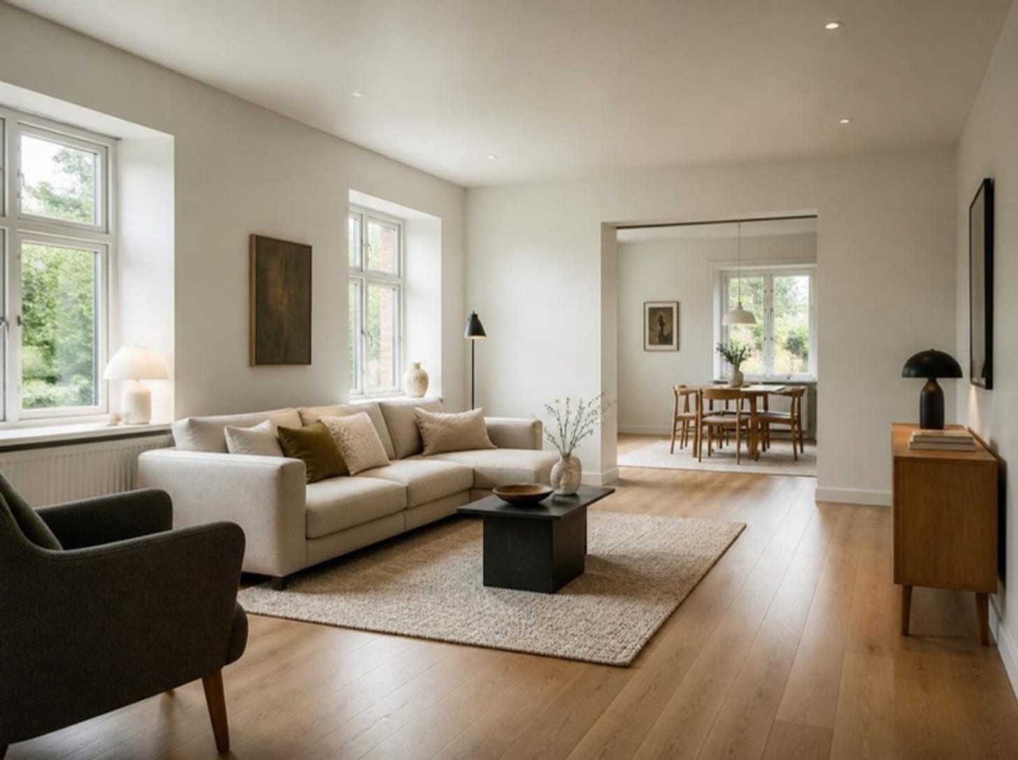 Totalrenoveret stue med nyt gulv, nye vinduer og nyt loft