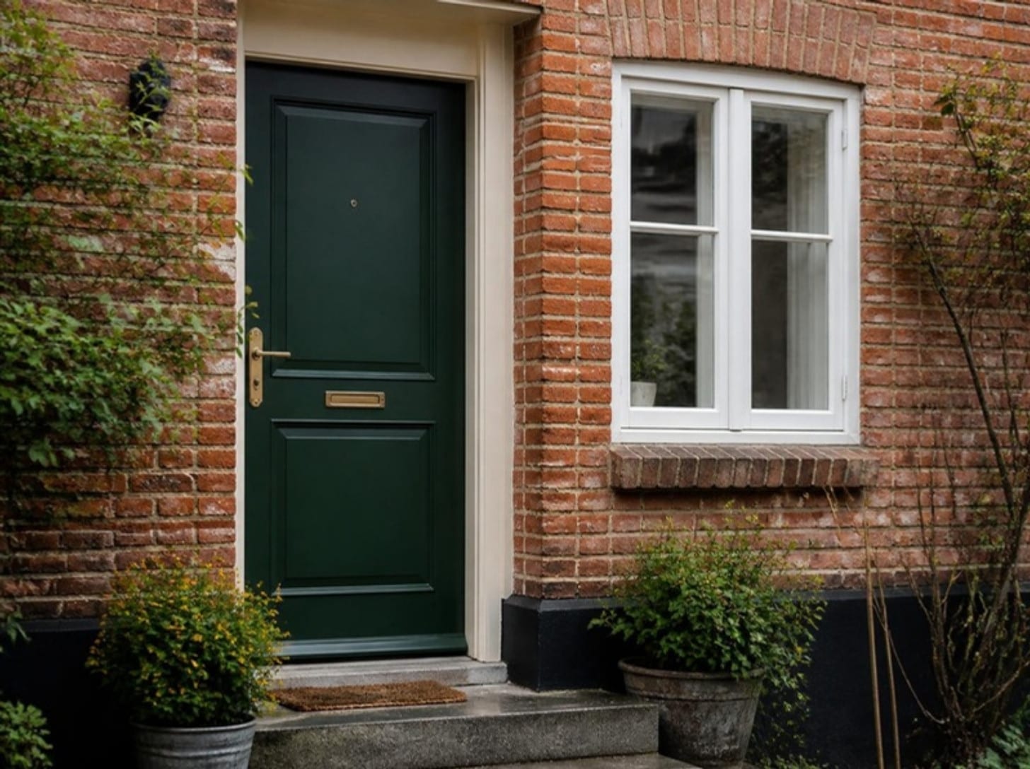Ny grøn hoveddør og hvidt vindue i rødt murstenshus